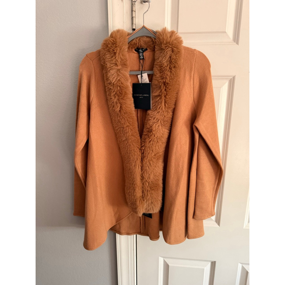 Women's Adrienne Landau Camel Faux Fur Collar Cardigan M - Picture 2 of 4